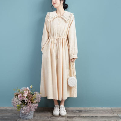 Spring Cotton Linen Long Sleeve Solid Embroidery Dress Mar 2023 New Arrival One Size Beige 
