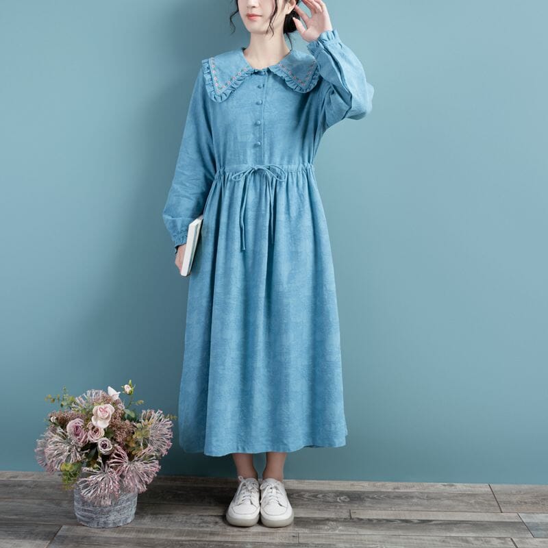 Spring Cotton Linen Long Sleeve Solid Embroidery Dress Mar 2023 New Arrival One Size Blue 