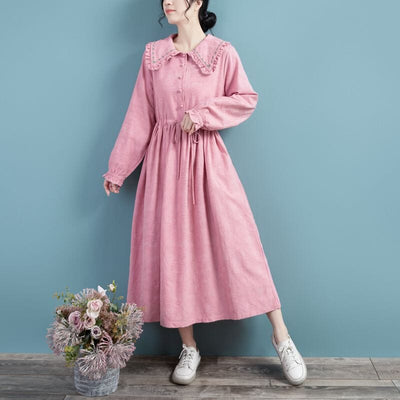 Spring Cotton Linen Long Sleeve Solid Embroidery Dress Mar 2023 New Arrival One Size Pink 