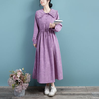 Spring Cotton Linen Long Sleeve Solid Embroidery Dress Mar 2023 New Arrival One Size Purple 