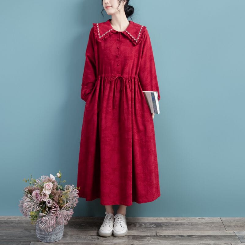 Spring Cotton Linen Long Sleeve Solid Embroidery Dress Mar 2023 New Arrival One Size Red 