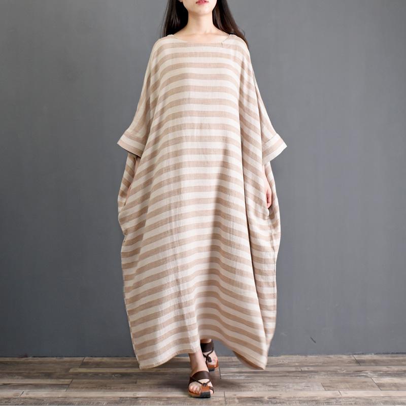 Spring Cotton Linen Loose Striped Long Sleeve Dress