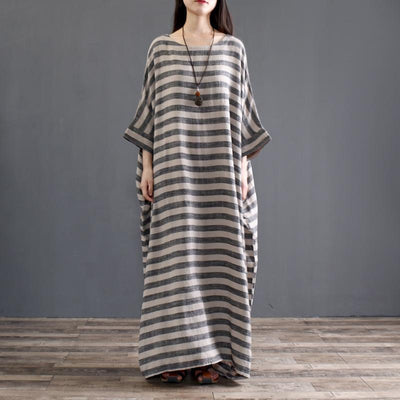 Spring Cotton Linen Loose Striped Long Sleeve Dress 2019 May New 
