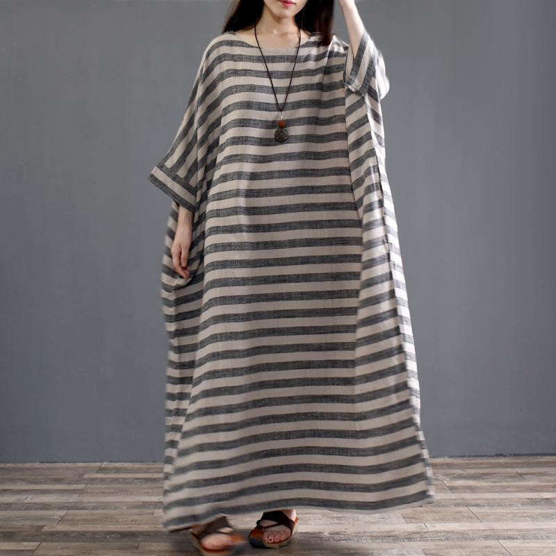 Spring Cotton Linen Loose Striped Long Sleeve Dress 2019 May New 