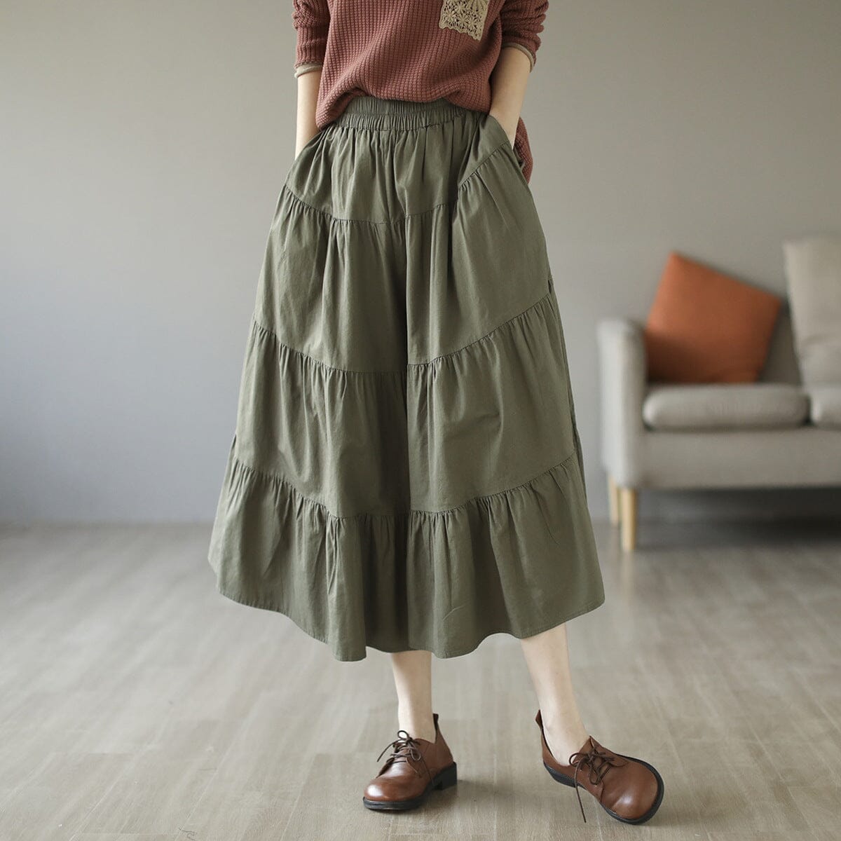 Spring Cotton Solid Patchwork Loose Skirt