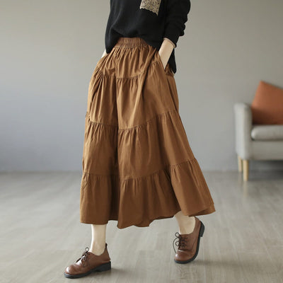 Spring Cotton Solid Patchwork Loose Skirt Feb 2023 New Arrival Orange One Size 