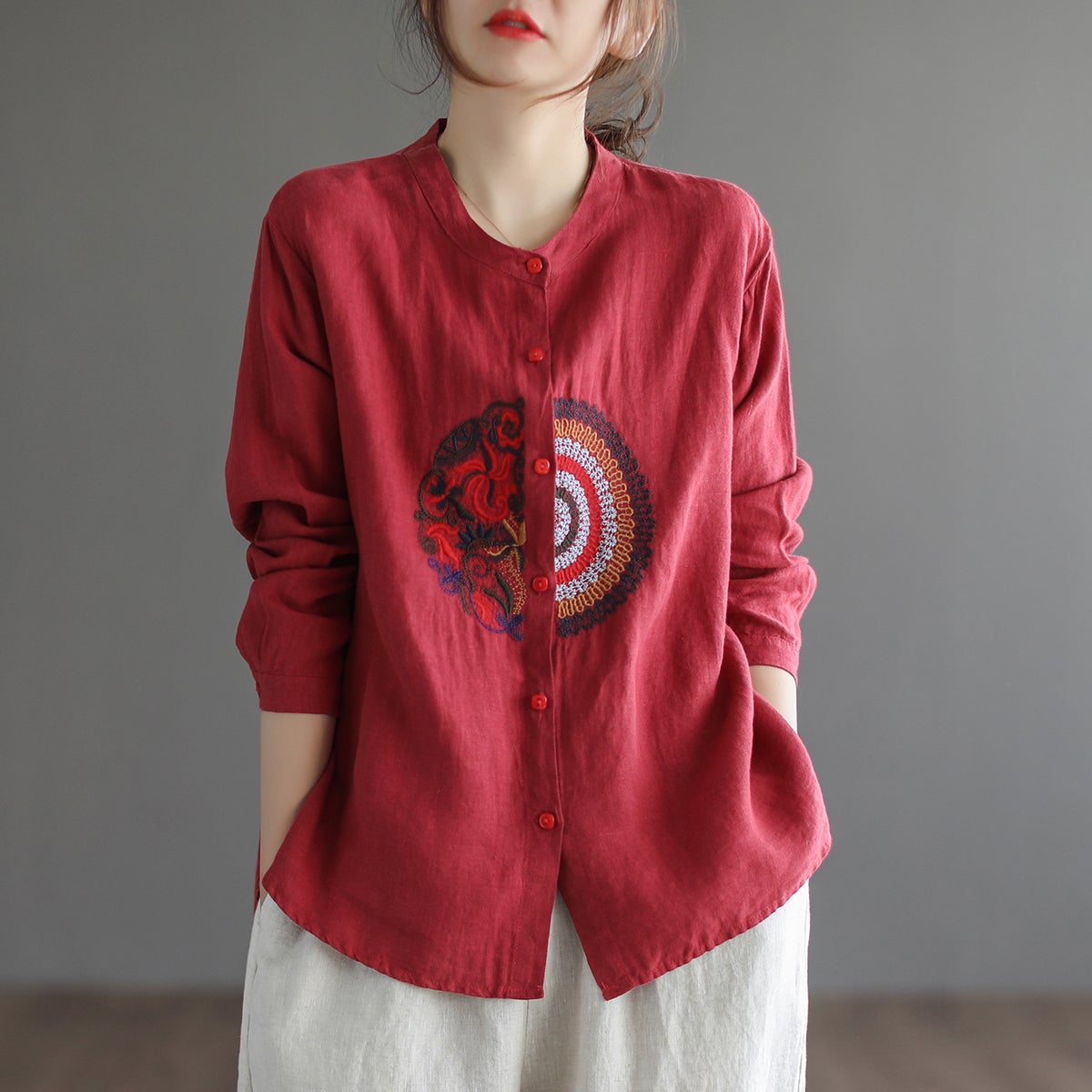 Spring Ethnic Embroidery Linen Loose Casual Blouse