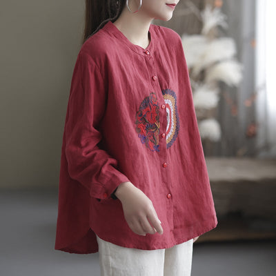 Spring Ethnic Embroidery Linen Loose Casual Blouse