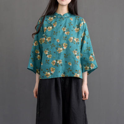 Spring Ethnic Retro Printed Linen Short Shirt