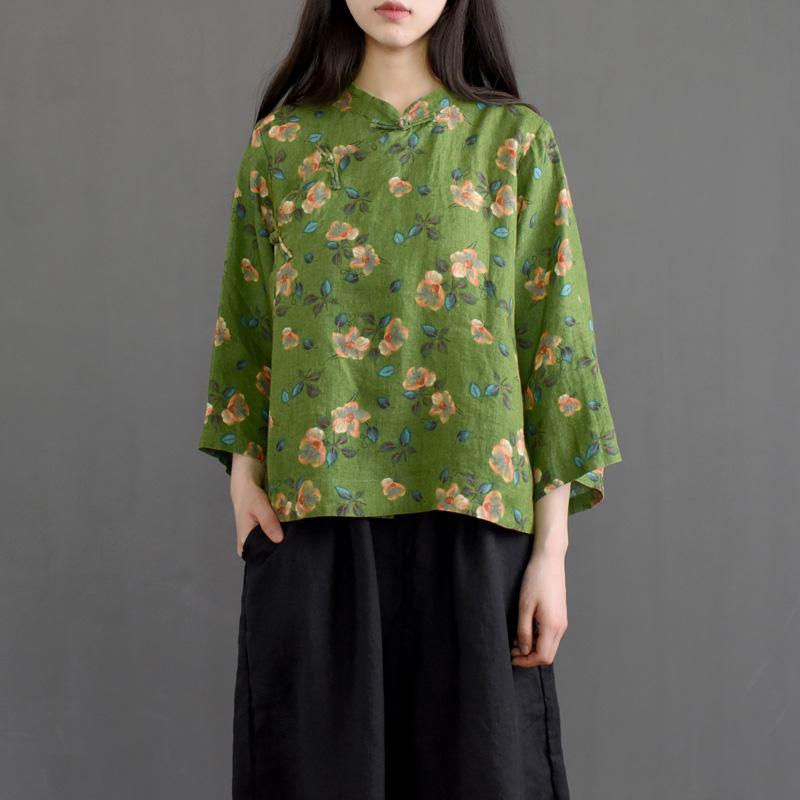 Spring Ethnic Retro Printed Linen Short Shirt