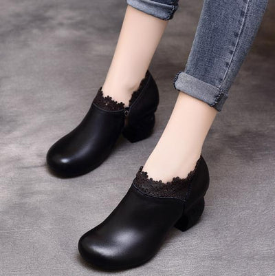 Spring Floral Cowhide Round Toe Zipper Shoes 2019 March New 