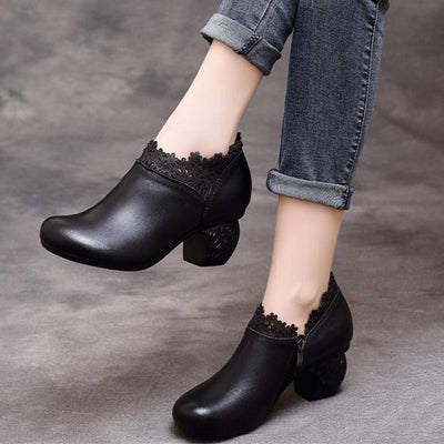 Spring Floral Cowhide Round Toe Zipper Shoes 2019 March New 35 Black 