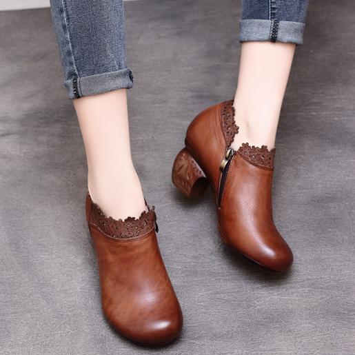 Spring Floral Cowhide Round Toe Zipper Shoes 2019 March New 35 Brown 