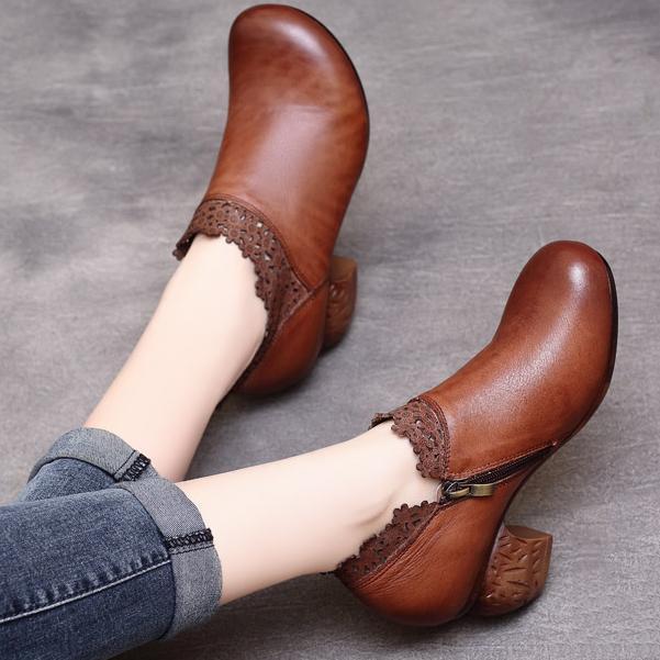 Spring Floral Cowhide Round Toe Zipper Shoes 2019 March New 