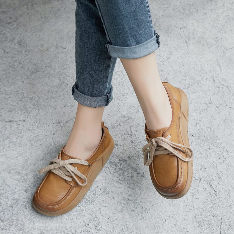 Spring Handmade Round Head Retro Leather Casual Shoes Mar 2023 New Arrival 35 Khaki 