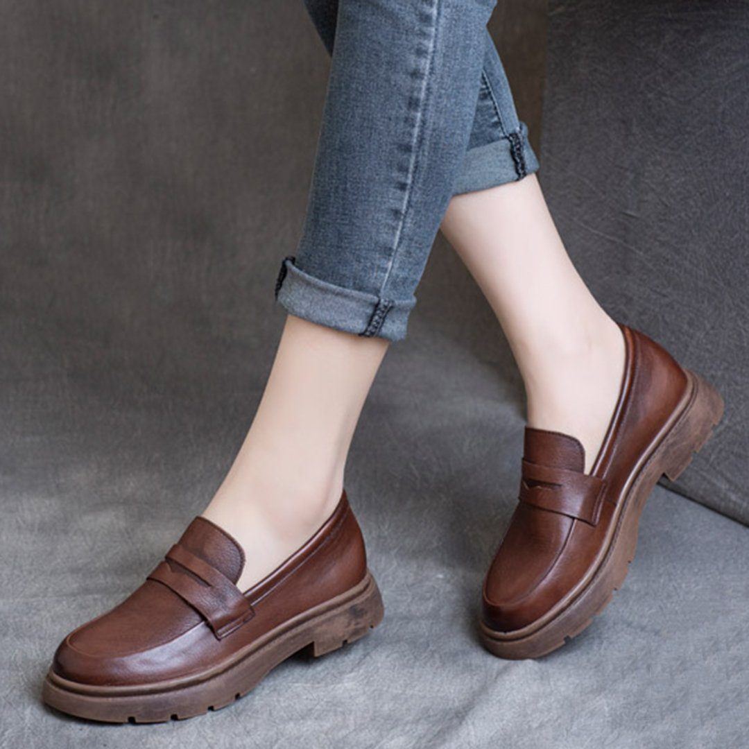 Spring Leather British Round Toe Loafers Shoes 2020 New February 35 Brown 