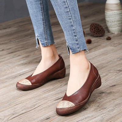 Spring Leather Shallow Women Spliced Pumps Shoes 35 Brown 