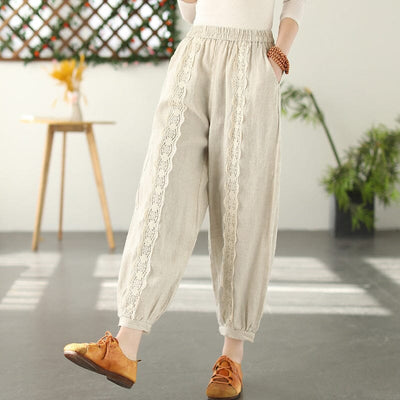 Spring Linen Lace Trim Patchwork Solid Pants