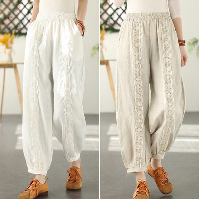 Spring Linen Lace Trim Patchwork Solid Pants