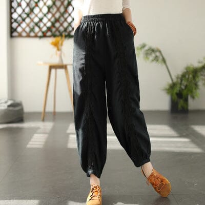 Spring Linen Lace Trim Patchwork Solid Pants Feb 2023 New Arrival Black One Size 