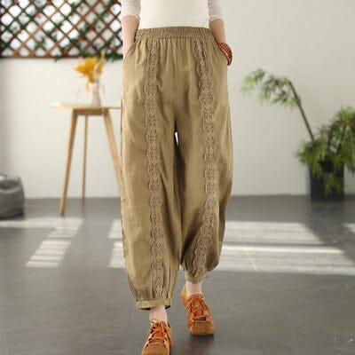 Spring Linen Lace Trim Patchwork Solid Pants Feb 2023 New Arrival Khaki One Size 