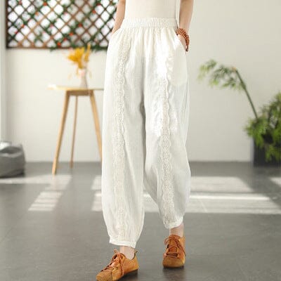 Spring Linen Lace Trim Patchwork Solid Pants Feb 2023 New Arrival White One Size 