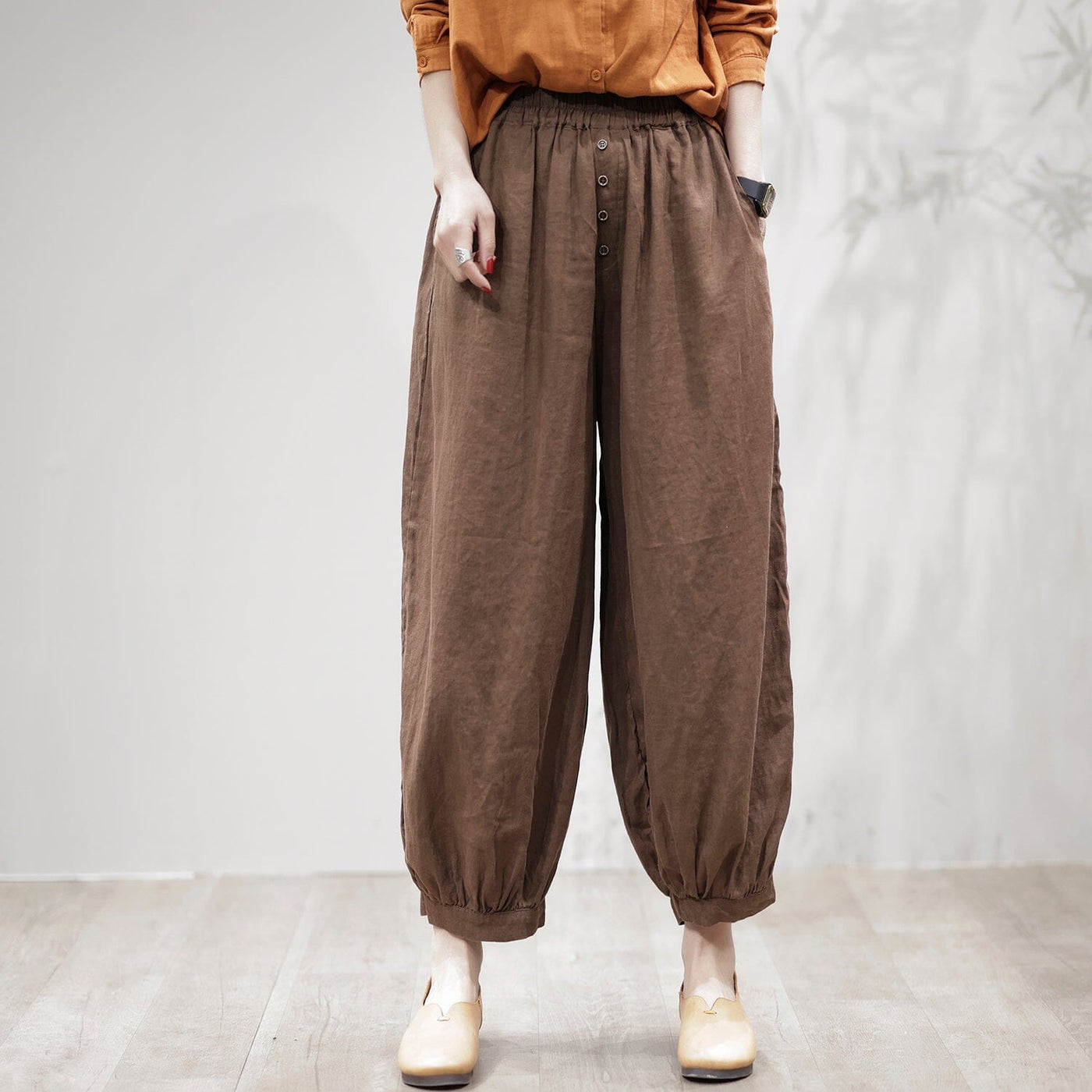 Spring Linen Loose Solid Harem Pants for Women Feb 2023 New Arrival One Size Coffee 