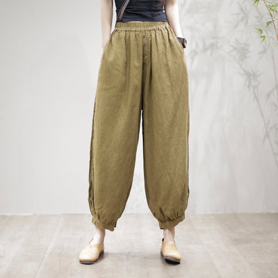 Spring Linen Loose Solid Harem Pants for Women Feb 2023 New Arrival One Size Green 