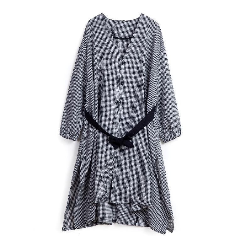 Spring Linen Plaid Casual Loose Long Shirt Dress For Women - Babakud