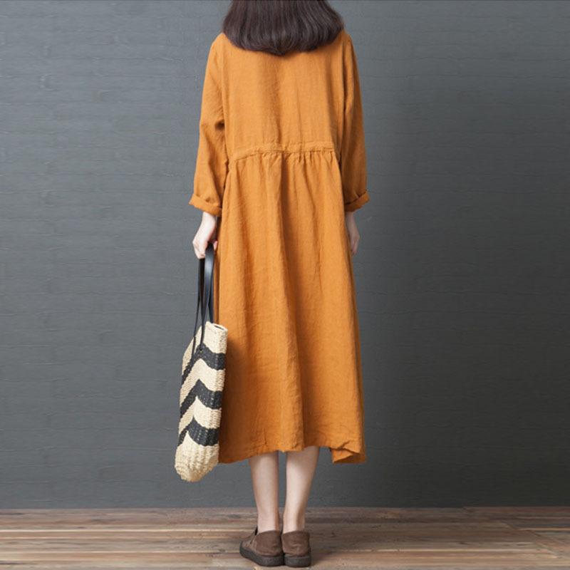Spring Long Sleeve Cotton Linen Dress May 2021 New-Arrival 