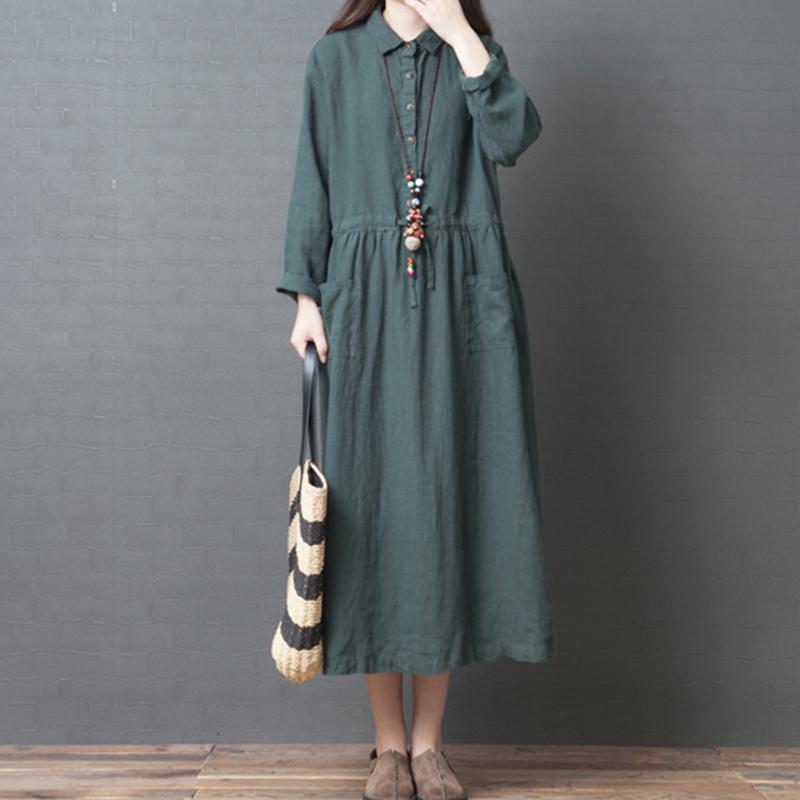 Spring Long Sleeve Cotton Linen Dress May 2021 New-Arrival M Green 
