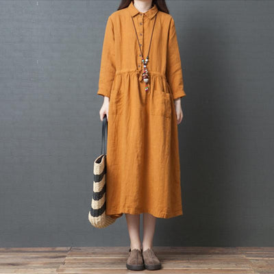 Spring Long Sleeve Cotton Linen Dress May 2021 New-Arrival M Orange 