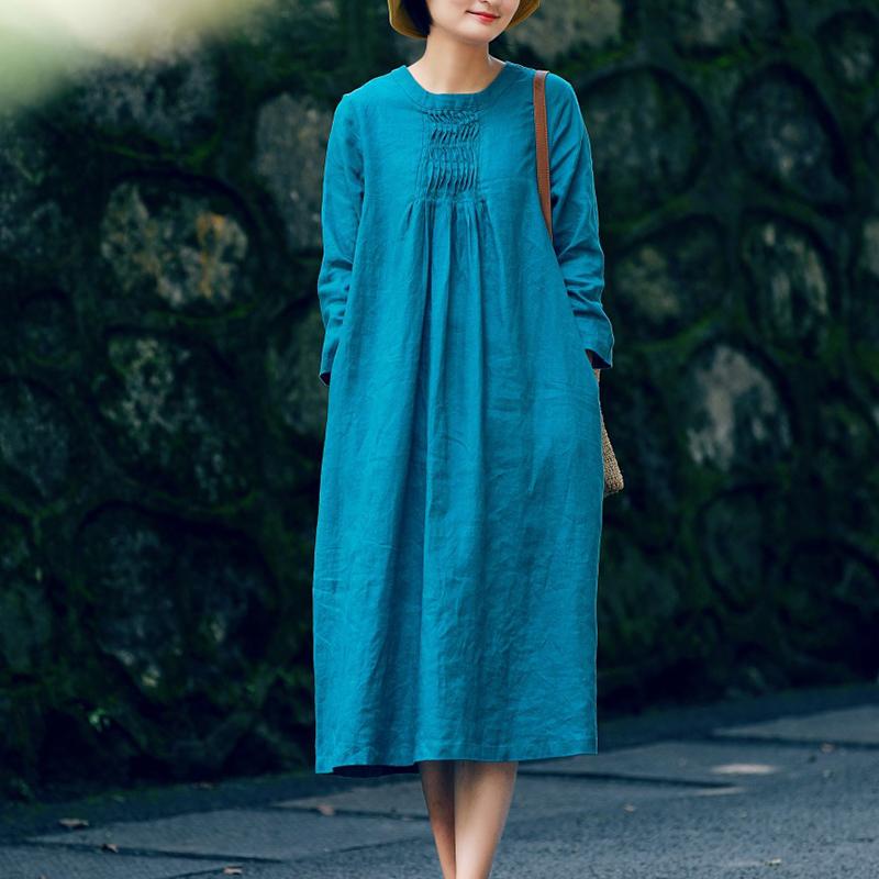 Spring Long-sleeved Mid-length Linen Dress