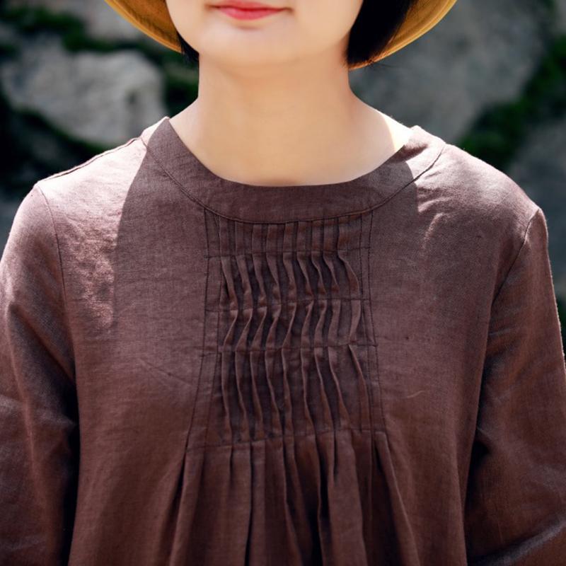 Spring Long-sleeved Mid-length Linen Dress Jan 2021-New Arrival S Coffee 