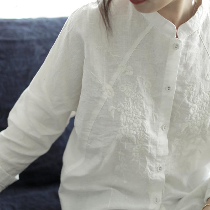 Spring Loose Casual Floral Embroidery Linen Blouse Dec 2021 New Arrival 