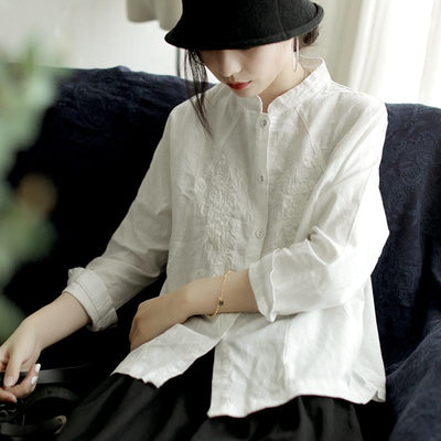 Spring Loose Casual Floral Embroidery Linen Blouse