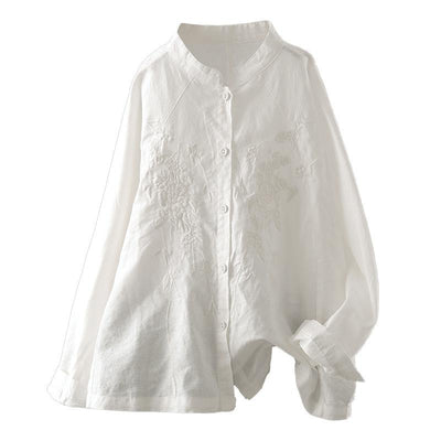 Spring Loose Casual Floral Embroidery Linen Blouse