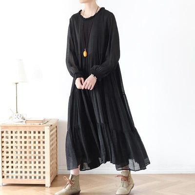 Spring Loose Casual Long Sleeve Chiffon Dress Green 2019 April New One Size Black 