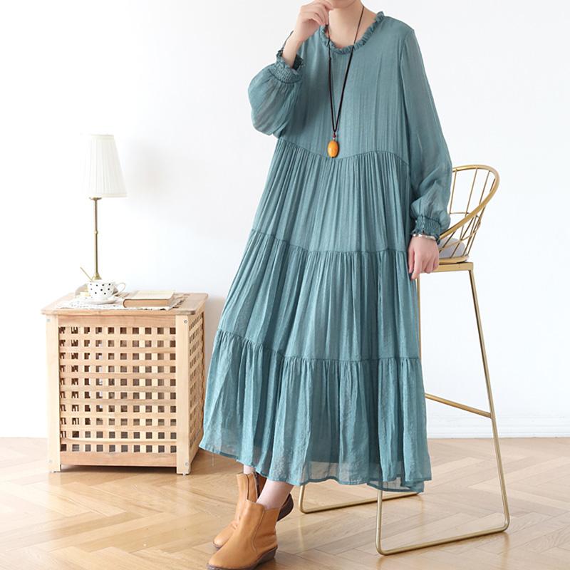 Spring Loose Casual Long Sleeve Chiffon Dress Green 2019 April New One Size Green 