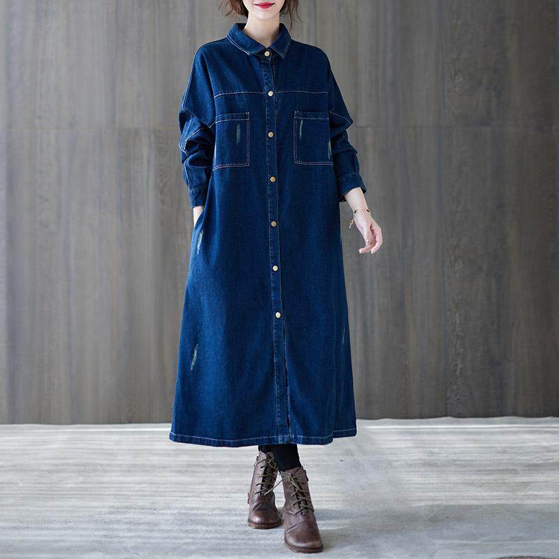 Spring Loose Casual Over-the-knee Single-breasted Denim Coat