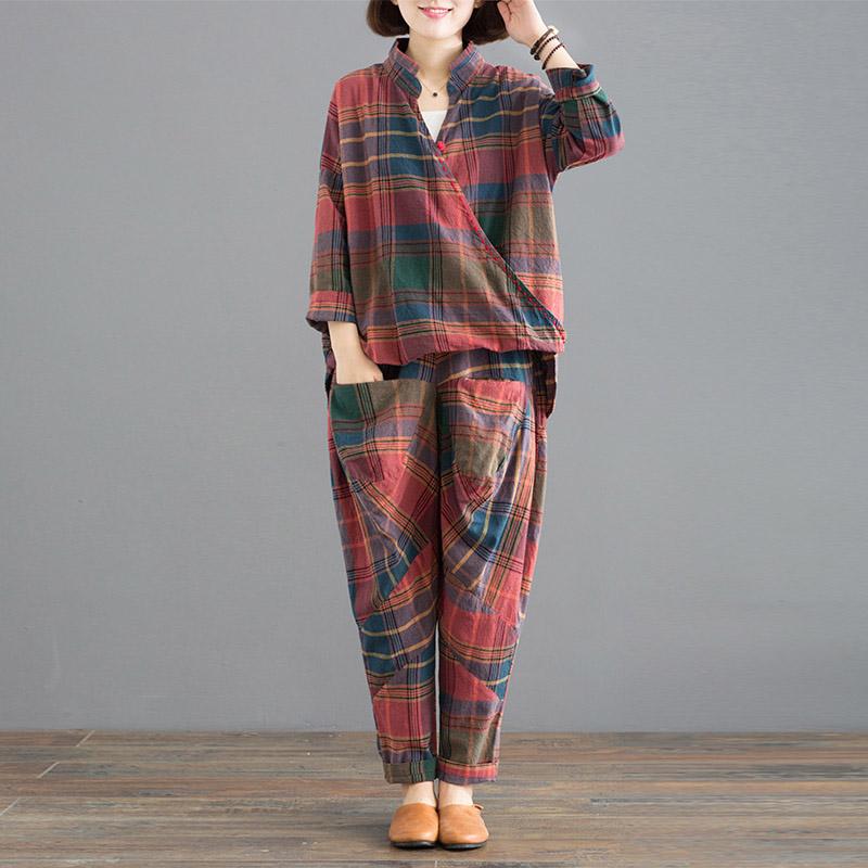 Spring Loose Casual Plaid Two-piece Set March 2021 New-Arrival 