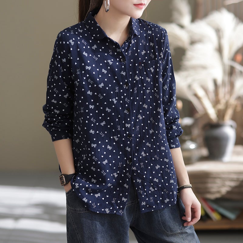 Spring Loose Retro Casual Long Sleeve Floral Blouse Dec 2021 New Arrival One Size Navy 