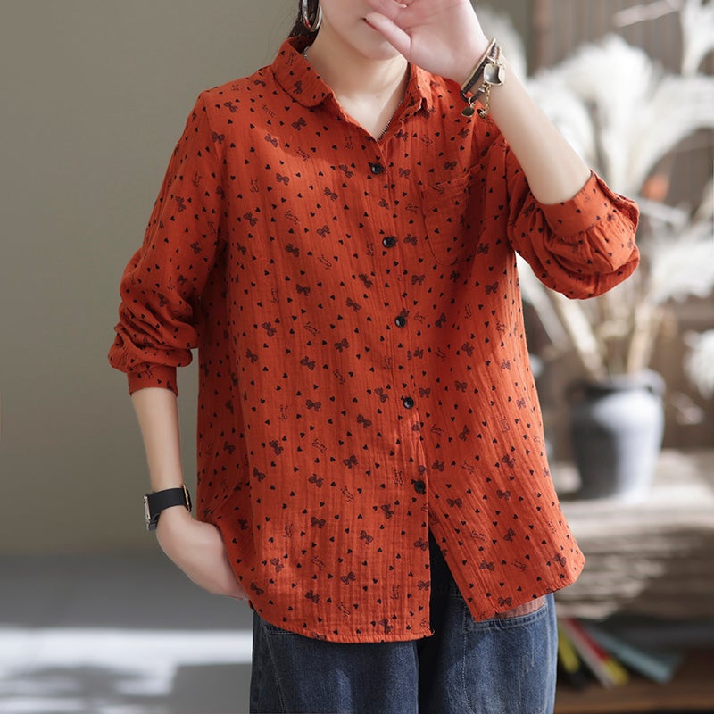 Spring Loose Retro Casual Long Sleeve Floral Blouse Dec 2021 New Arrival One Size Orange 