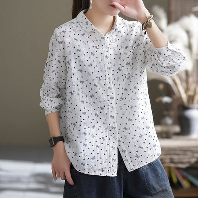 Spring Loose Retro Casual Long Sleeve Floral Blouse Dec 2021 New Arrival One Size White 