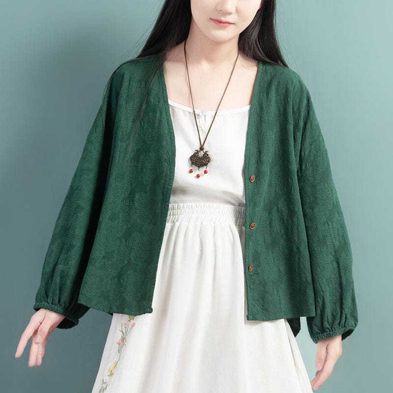 Spring Loose Retro Cotton Linen Thin Jacket Mar 2023 New Arrival One Size Green 