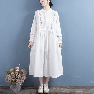 Spring Loose Retro Embroidery Cotton Linen Dress