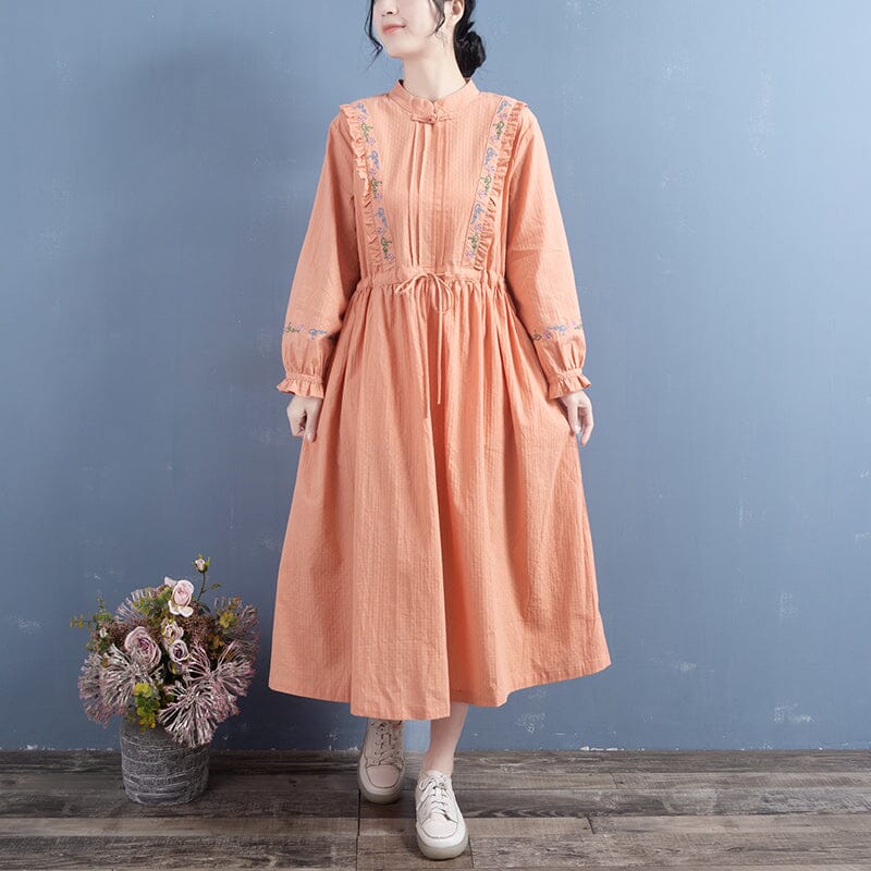 Spring Loose Retro Embroidery Cotton Linen Dress