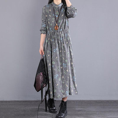Spring Loose Single-breasted Floral Dress March 2021 New-Arrival One Size Gray 