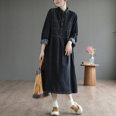Spring Loose Solid Casual Cotton Denim Dress Feb 2023 New Arrival 