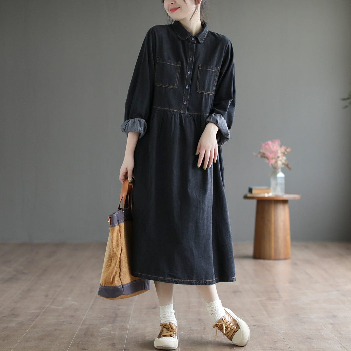 Spring Loose Solid Casual Cotton Denim Dress Feb 2023 New Arrival One Size Black 